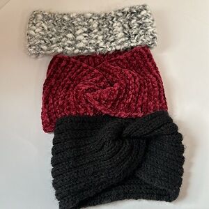 3 piece Bundle of ear warmers headbands burgundy and black and white cozy